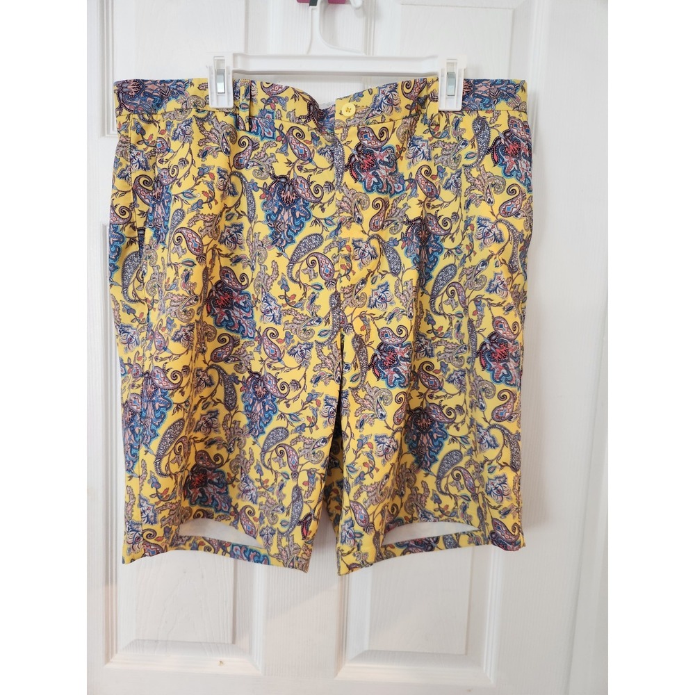 Hreski Shorts Mens 42 Yellow Paisley Performance Golf Athletic Grip Waist 4 Pock